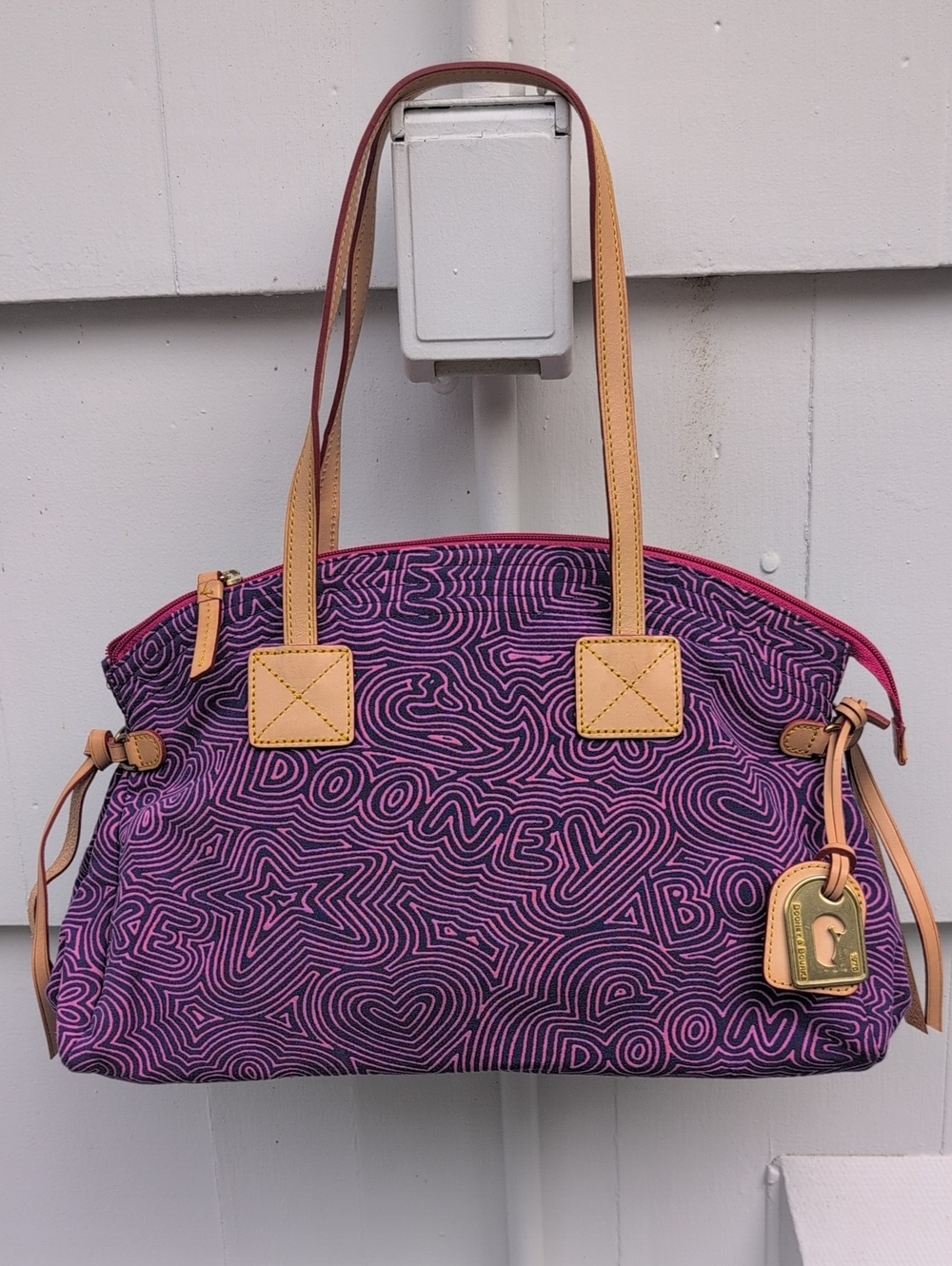Dooney & Bourke Purple Patterned Graffiti Shoulder Bag with Tan Handles